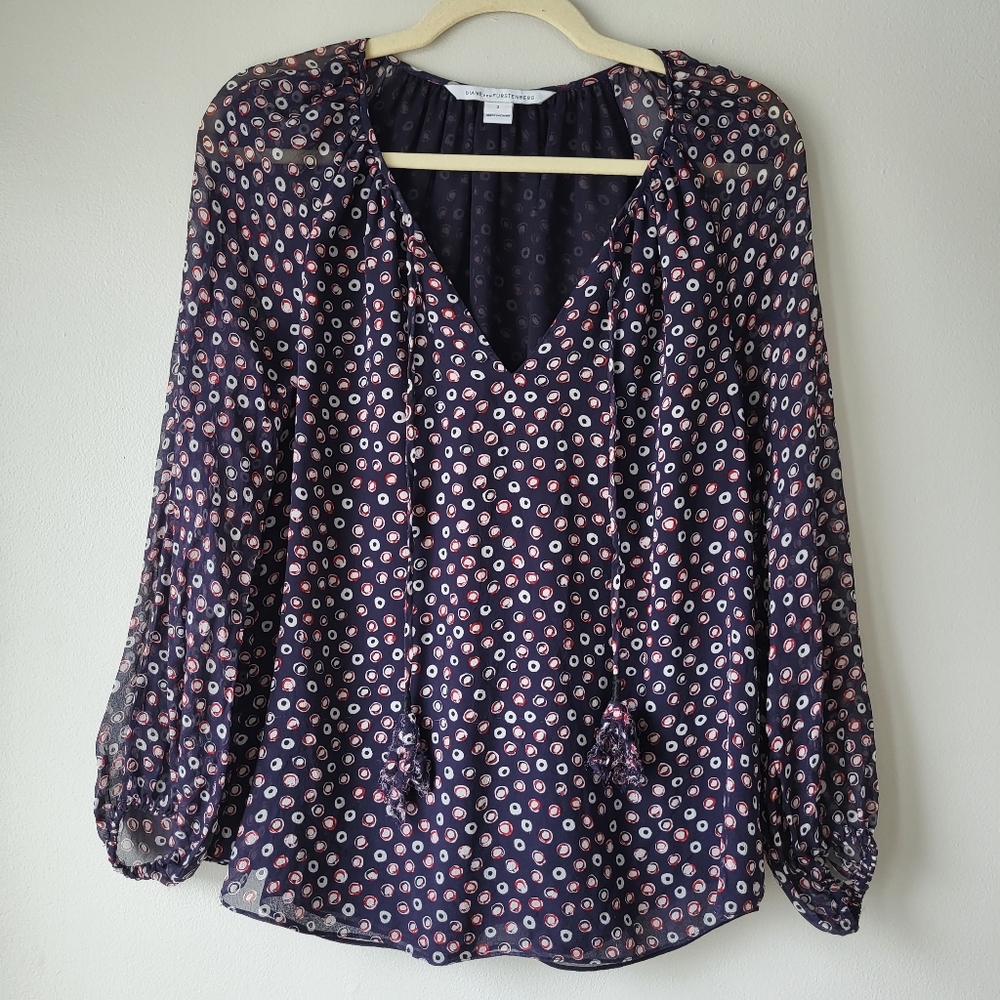 Diane Von Furstenberg blue polka-dot long sleeve sheer silk Flowy Summer blouse - Picture 11 of 15